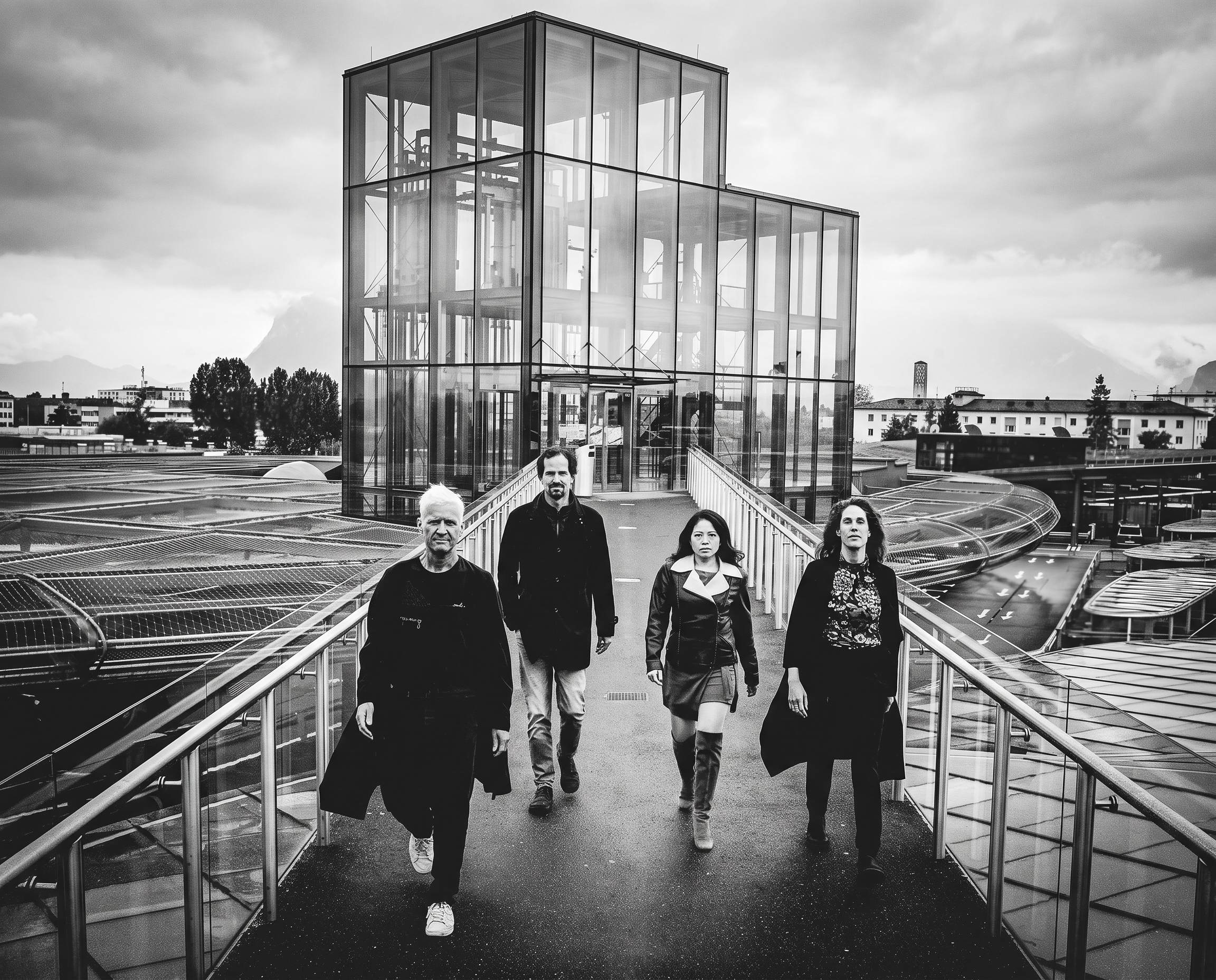 radio.string.quartet walking across a footbridge